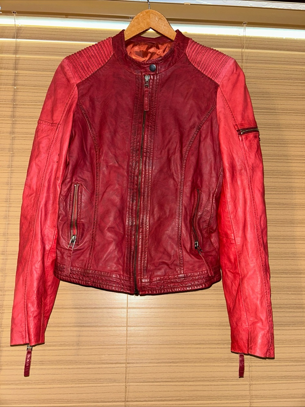 Red Leather Moto Jacket - Women's Stylish Biker Coat